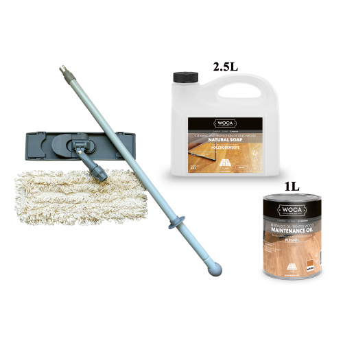 Kit Saving: DC128, Standard, Clean white classic oiled floors inc Woca white versions of soap, maintenance oil and a breakframe flat mop  (DC)